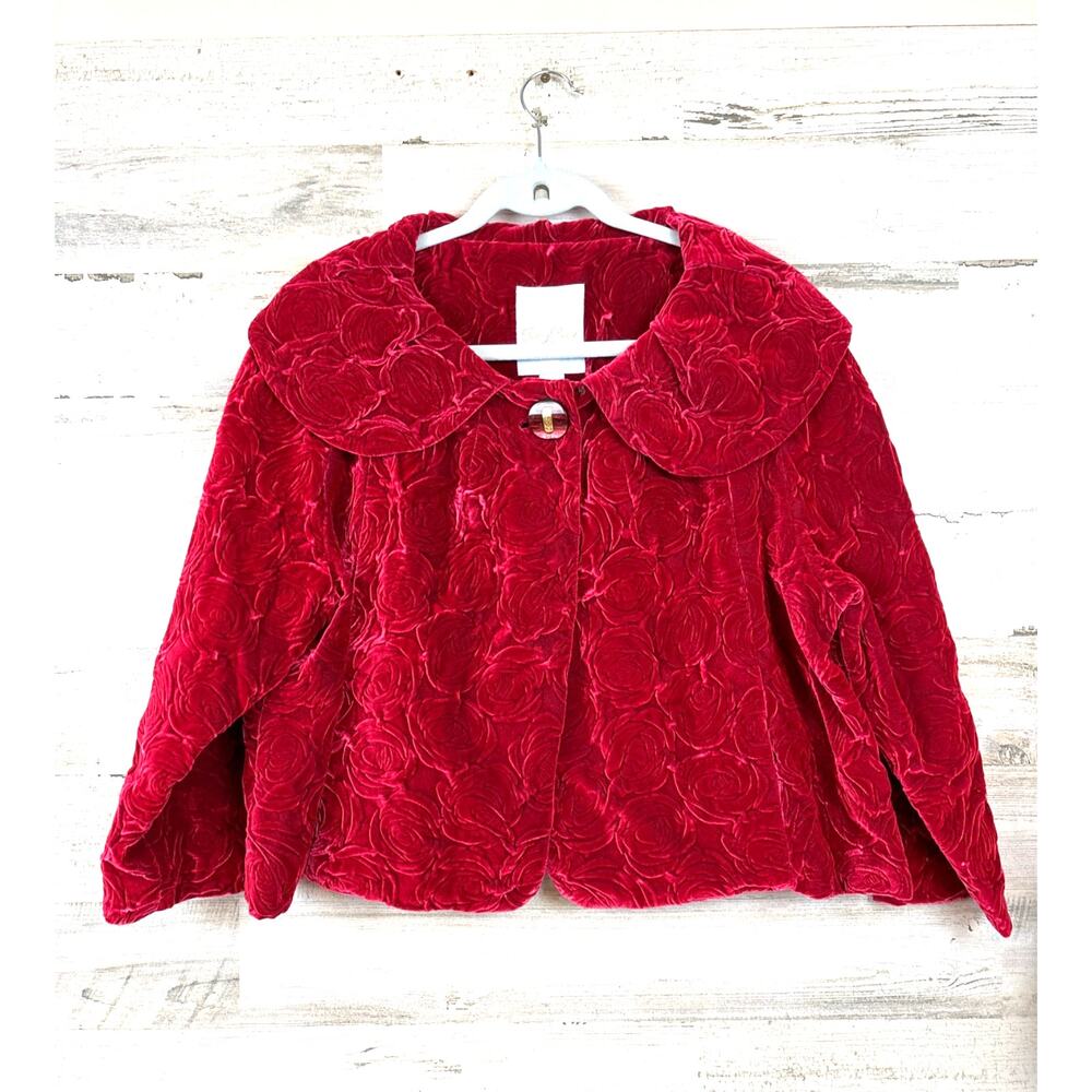 Tracy Reese Womens 4 Red Velvet Rose Cropped Swing Jacket Designer Luxe